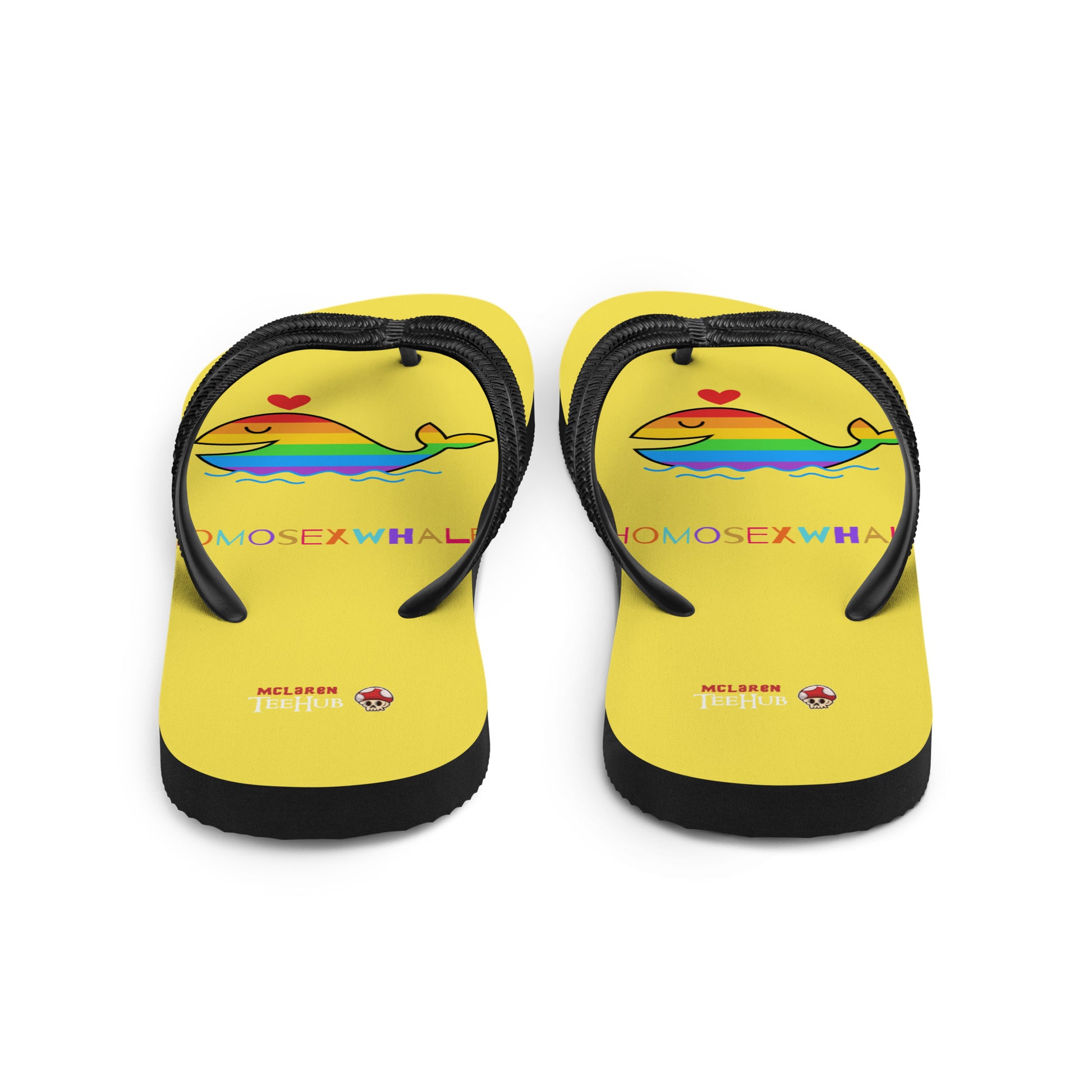 Funny rainbow whale flip flops with bright yellow base and colourful pride-inspired design