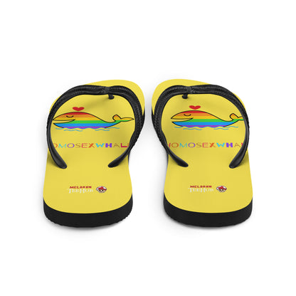 Funny rainbow whale flip flops with bright yellow base and colourful pride-inspired design