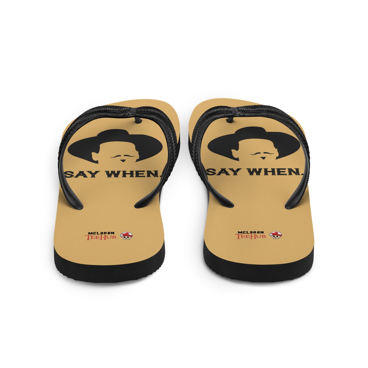 Doc Holliday Tombstone inspired flip flops with minimalist cowboy silhouette and “Say When” text design