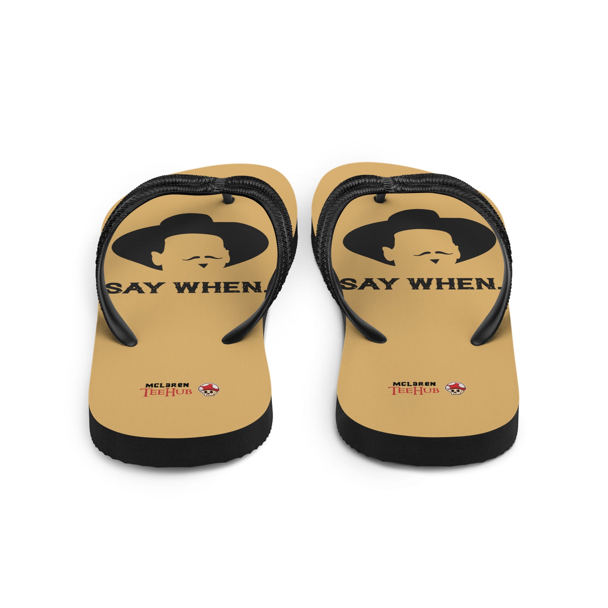 Doc Holliday Tombstone inspired flip flops with minimalist cowboy silhouette and “Say When” text design