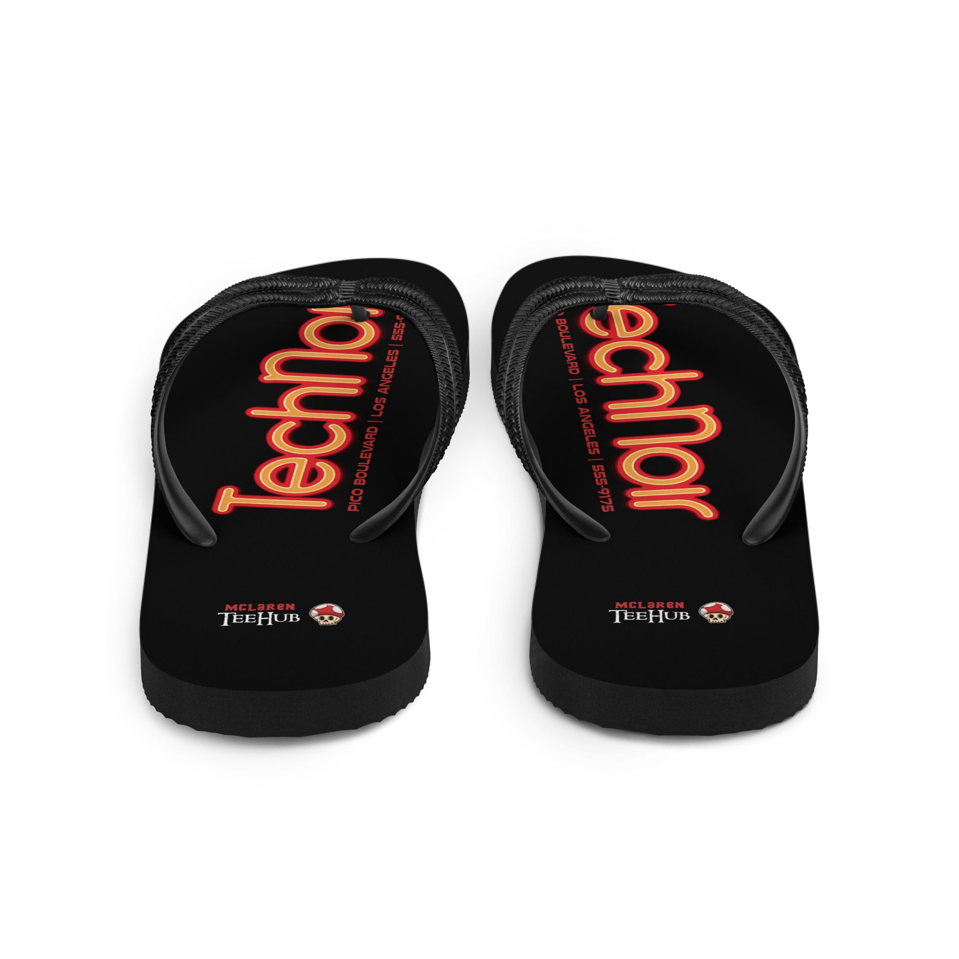 Tech Noir Terminator inspired flip flops with neon cyberpunk text design on black sole