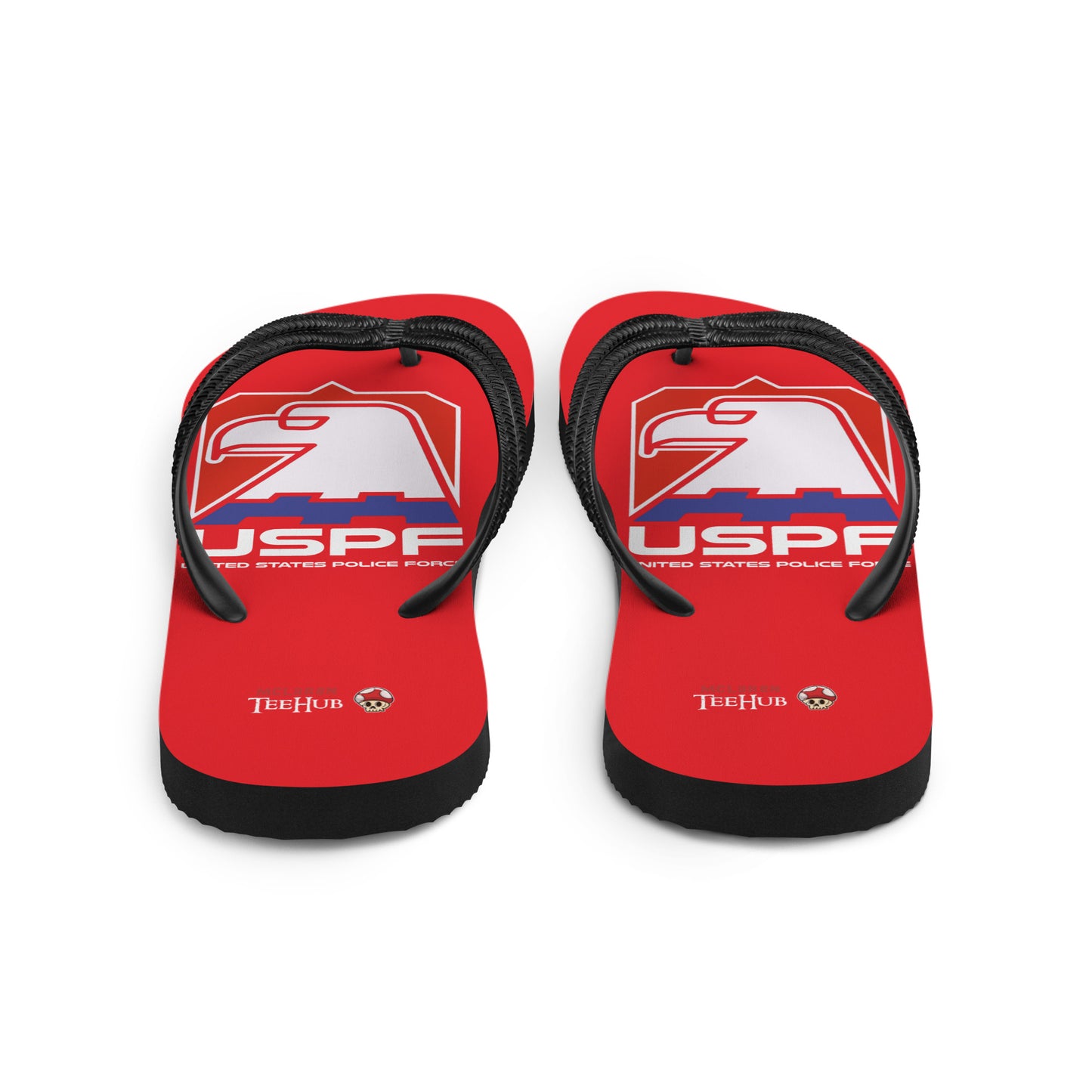 USPF Escape from New York inspired flip flops with bold red dystopian sci-fi logo design