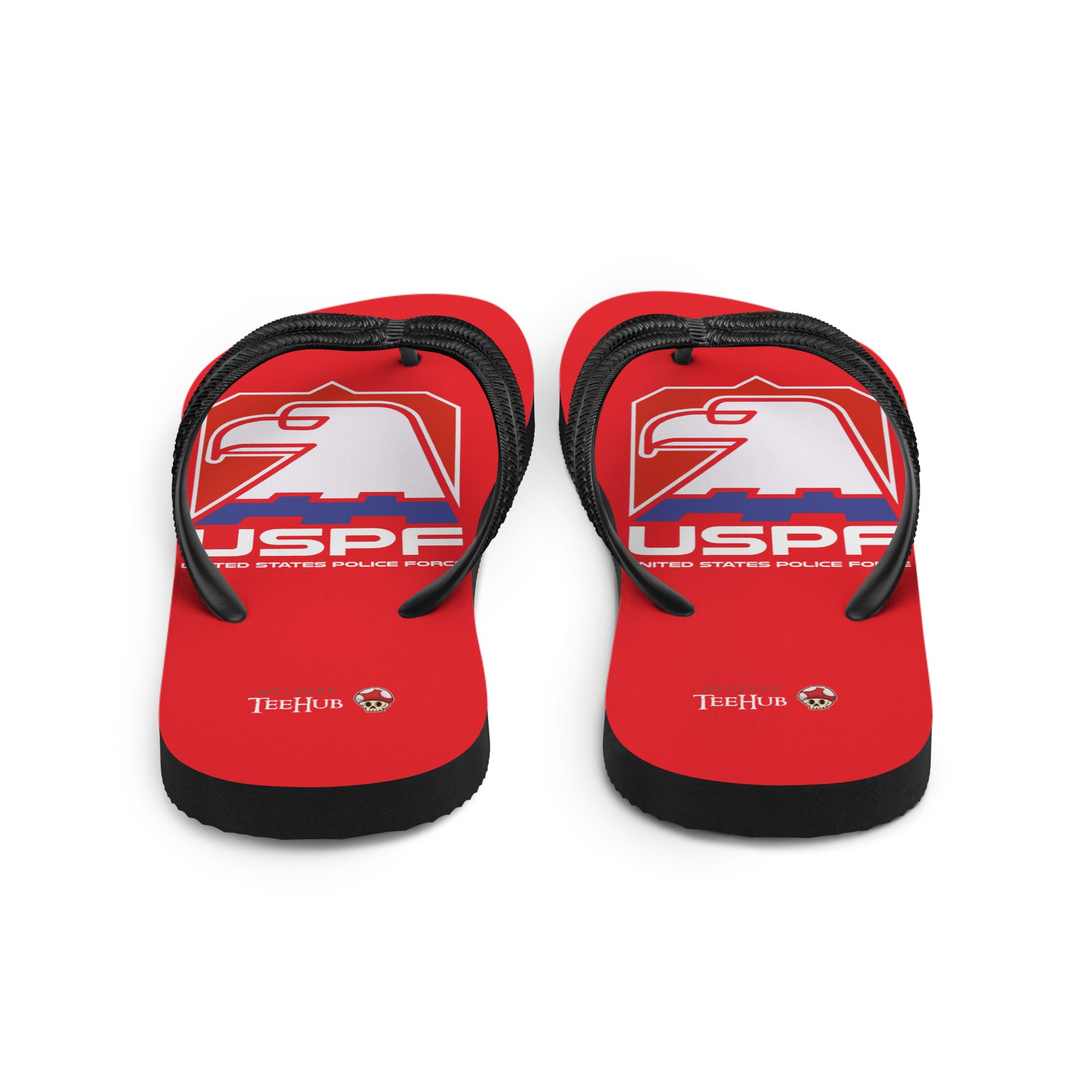 USPF Escape from New York inspired flip flops with bold red dystopian sci-fi logo design