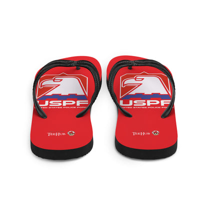 USPF Escape from New York inspired flip flops with bold red dystopian sci-fi logo design