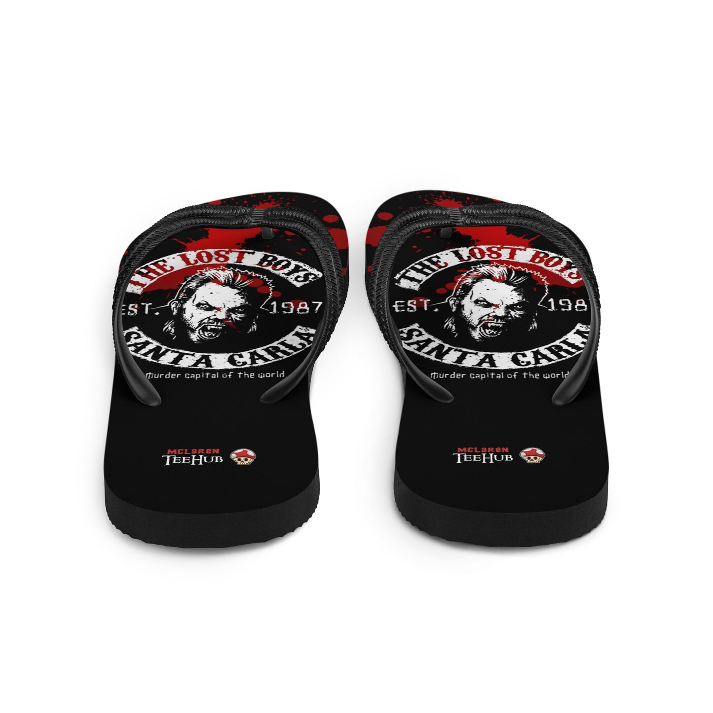 Lost Boys inspired flip flops with vampire graphic and blood splatter design in retro horror style