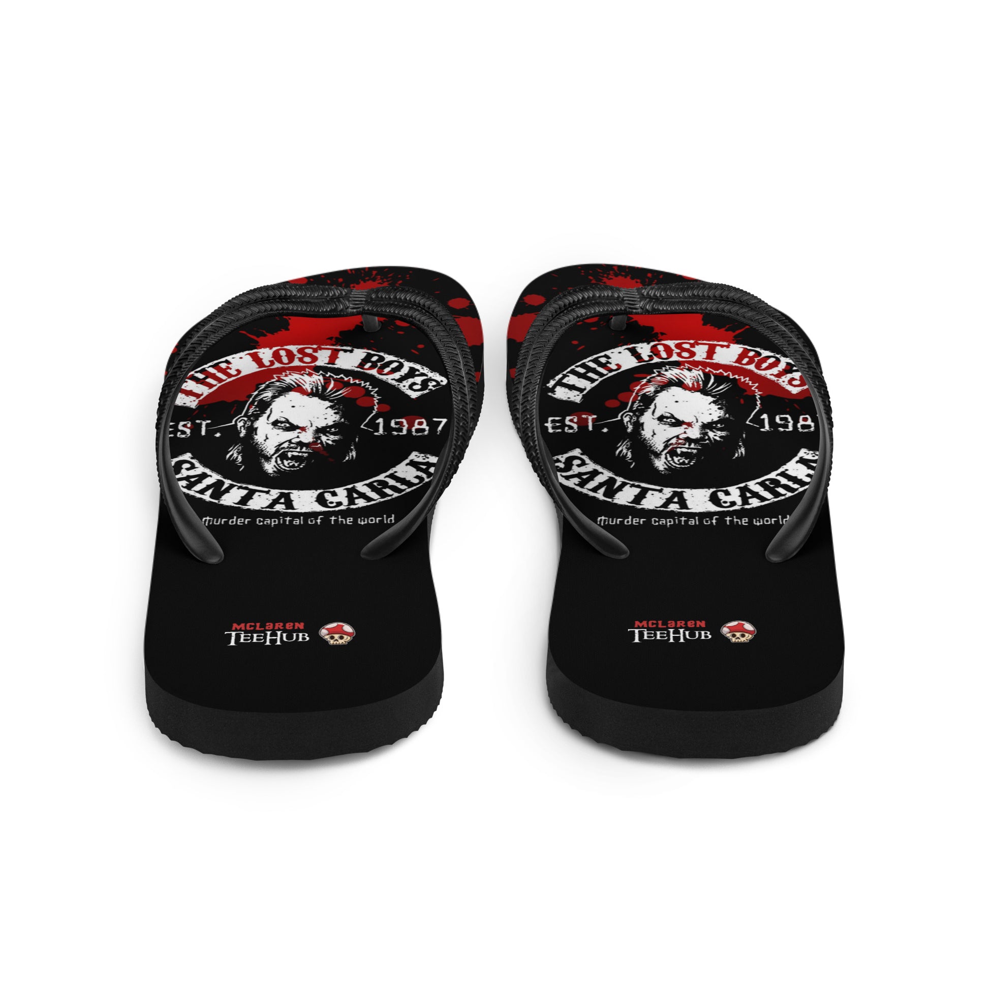 Lost Boys inspired flip flops with vampire graphic and blood splatter design in retro horror style