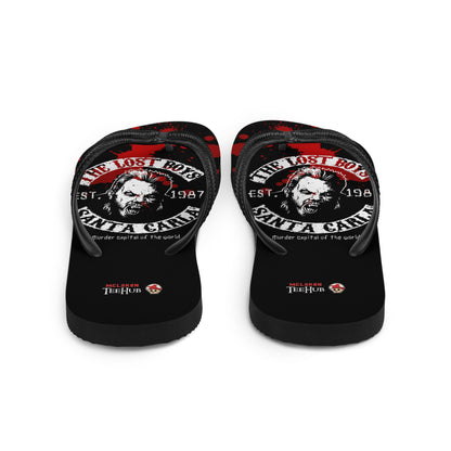 Lost Boys inspired flip flops with vampire graphic and blood splatter design in retro horror style