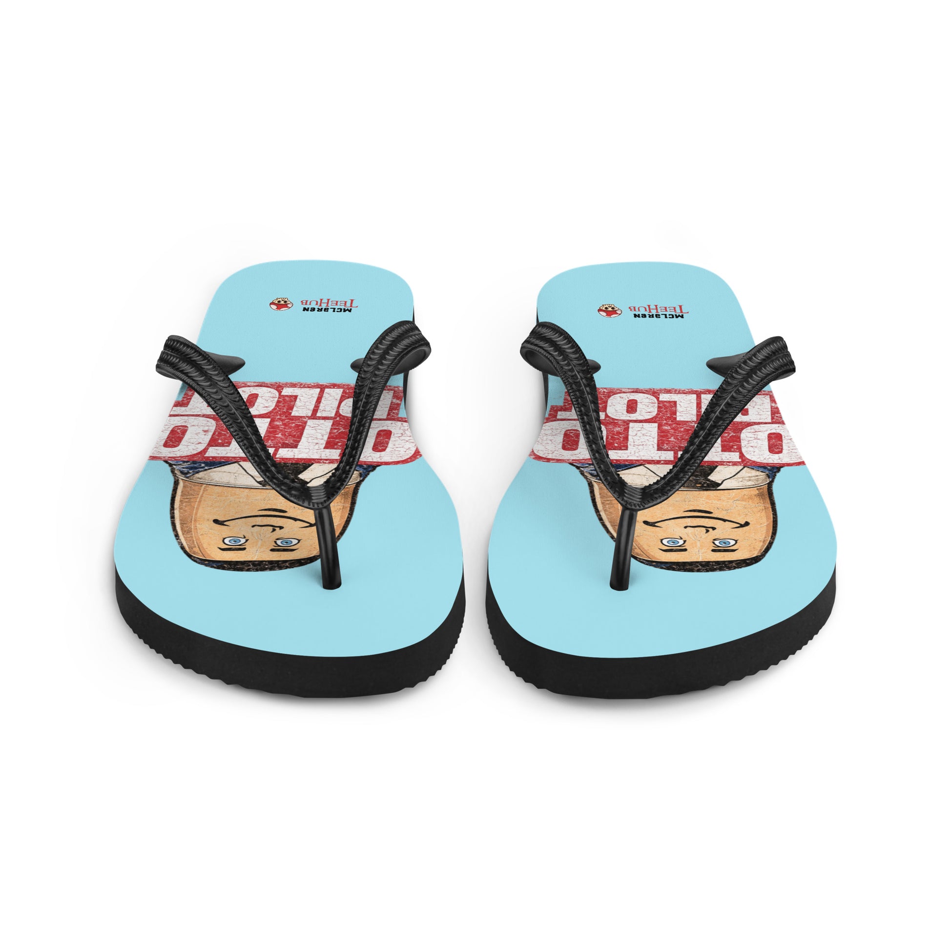 Otto Pilot flip flops with retro Airplane movie inspired graphic design on light blue sole
