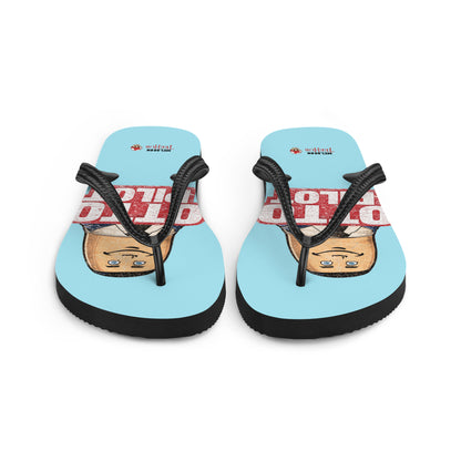 Otto Pilot flip flops with retro Airplane movie inspired graphic design on light blue sole