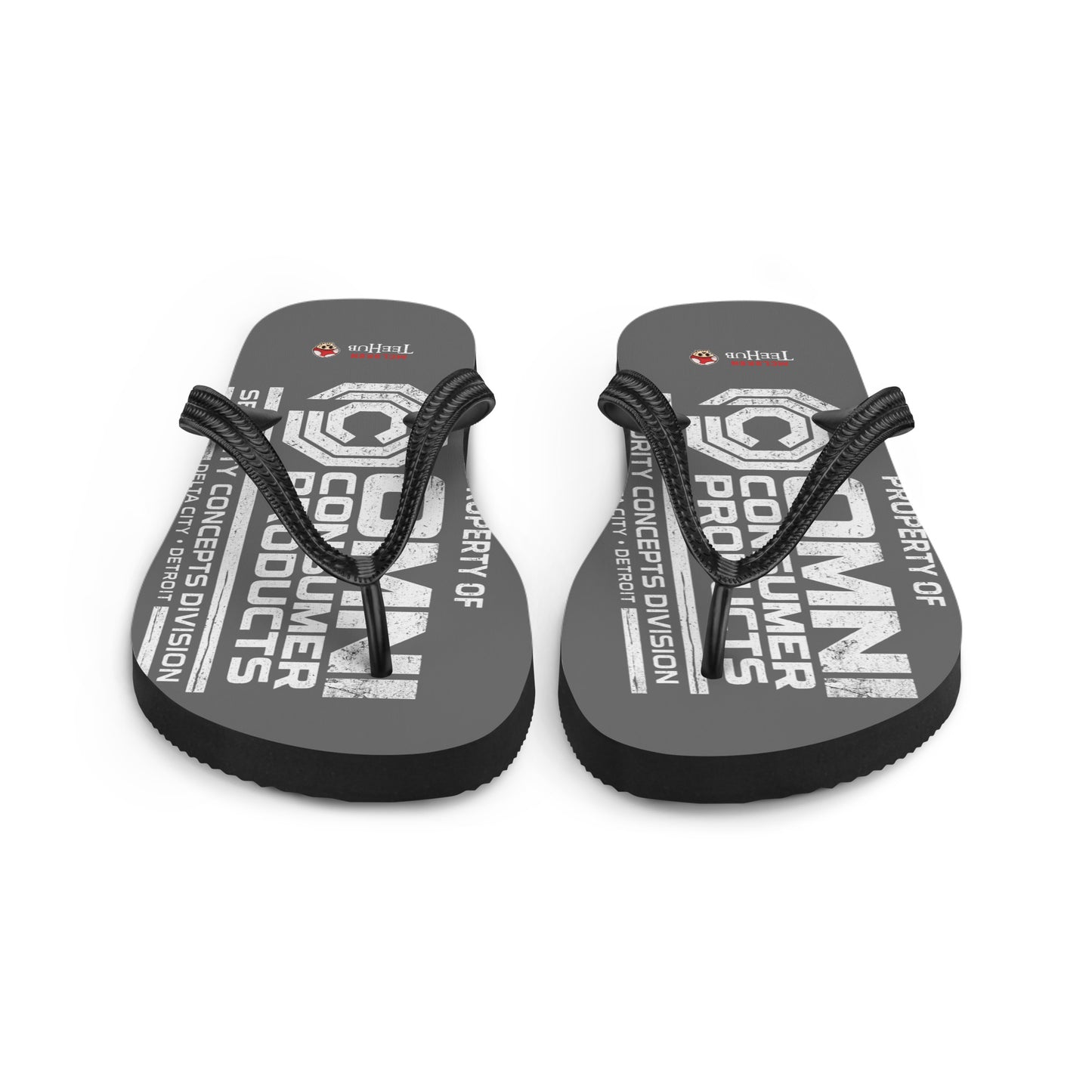 Omni Consumer Products RoboCop inspired flip flops with minimalist sci-fi OCP logo design on grey sole