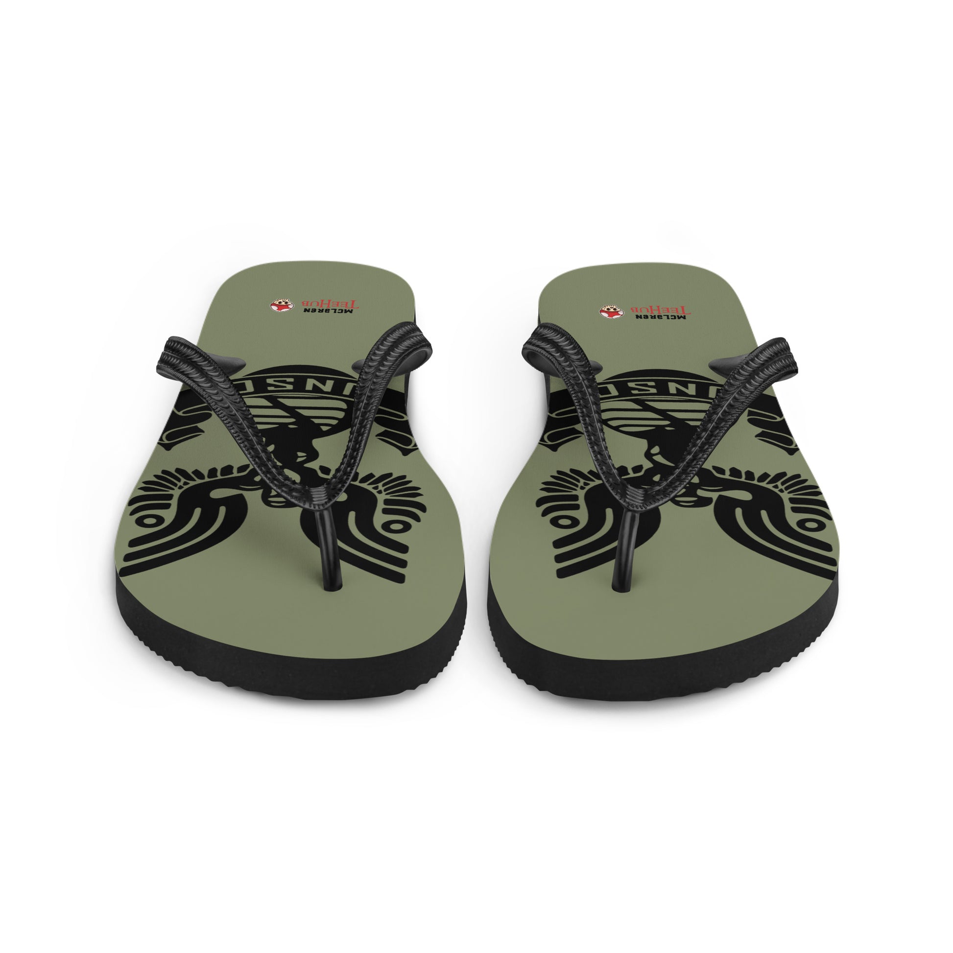 UNSC Halo inspired flip flops with military style emblem design on olive green sole