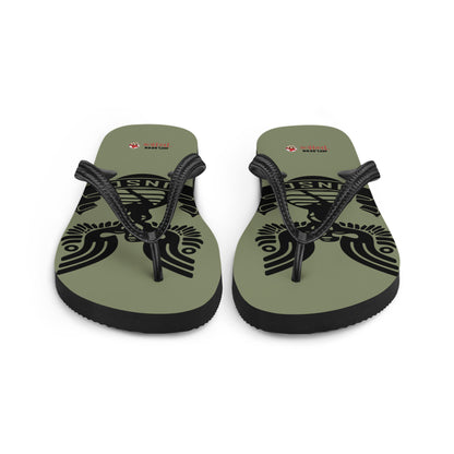 UNSC Halo inspired flip flops with military style emblem design on olive green sole