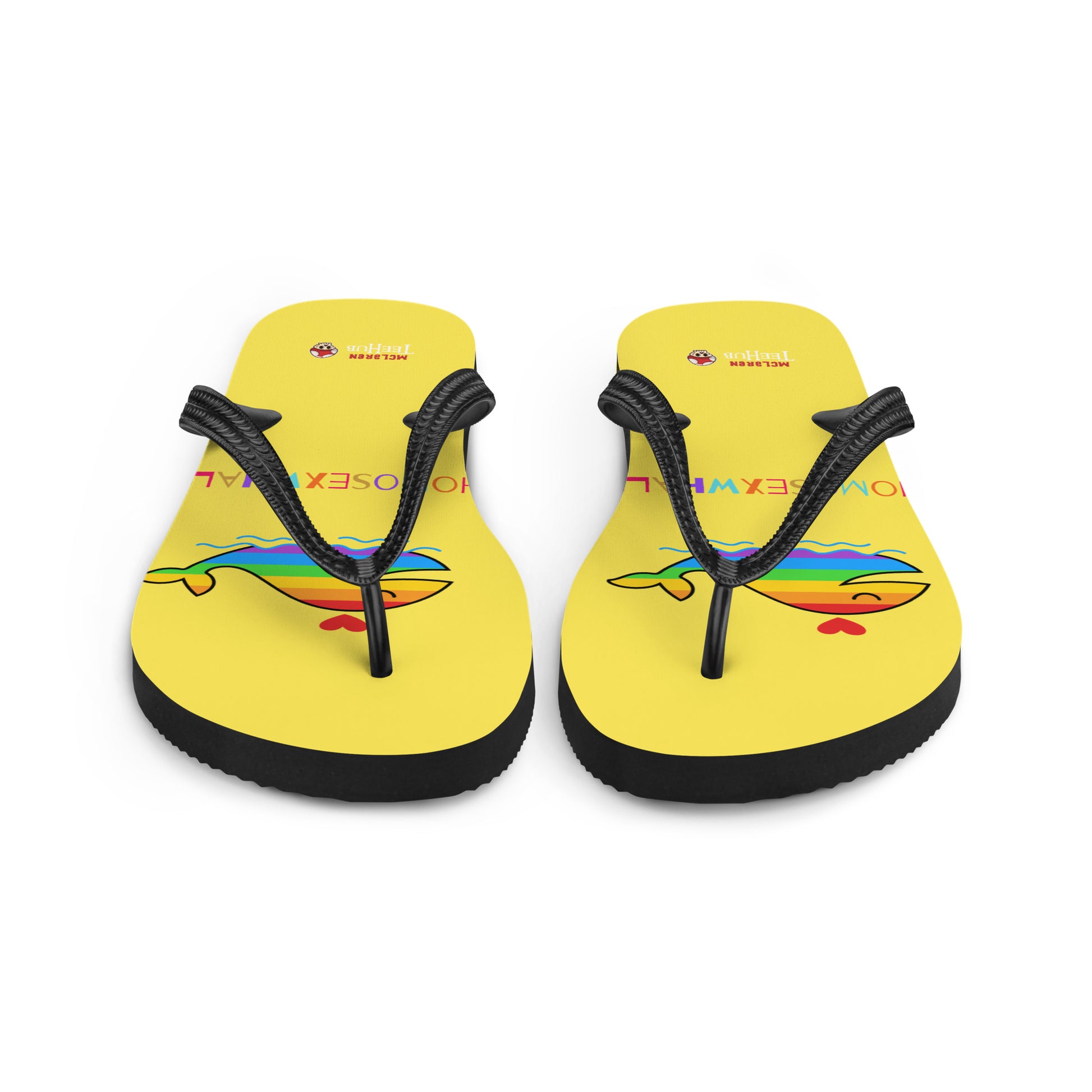 Funny rainbow whale flip flops with bright yellow base and colourful pride-inspired design