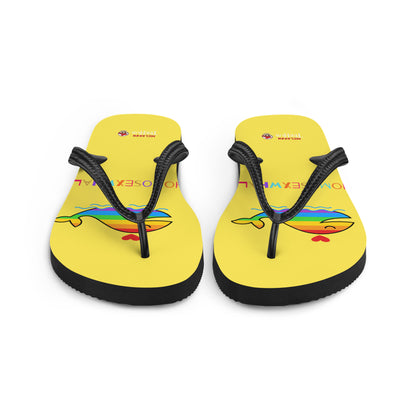 Funny rainbow whale flip flops with bright yellow base and colourful pride-inspired design