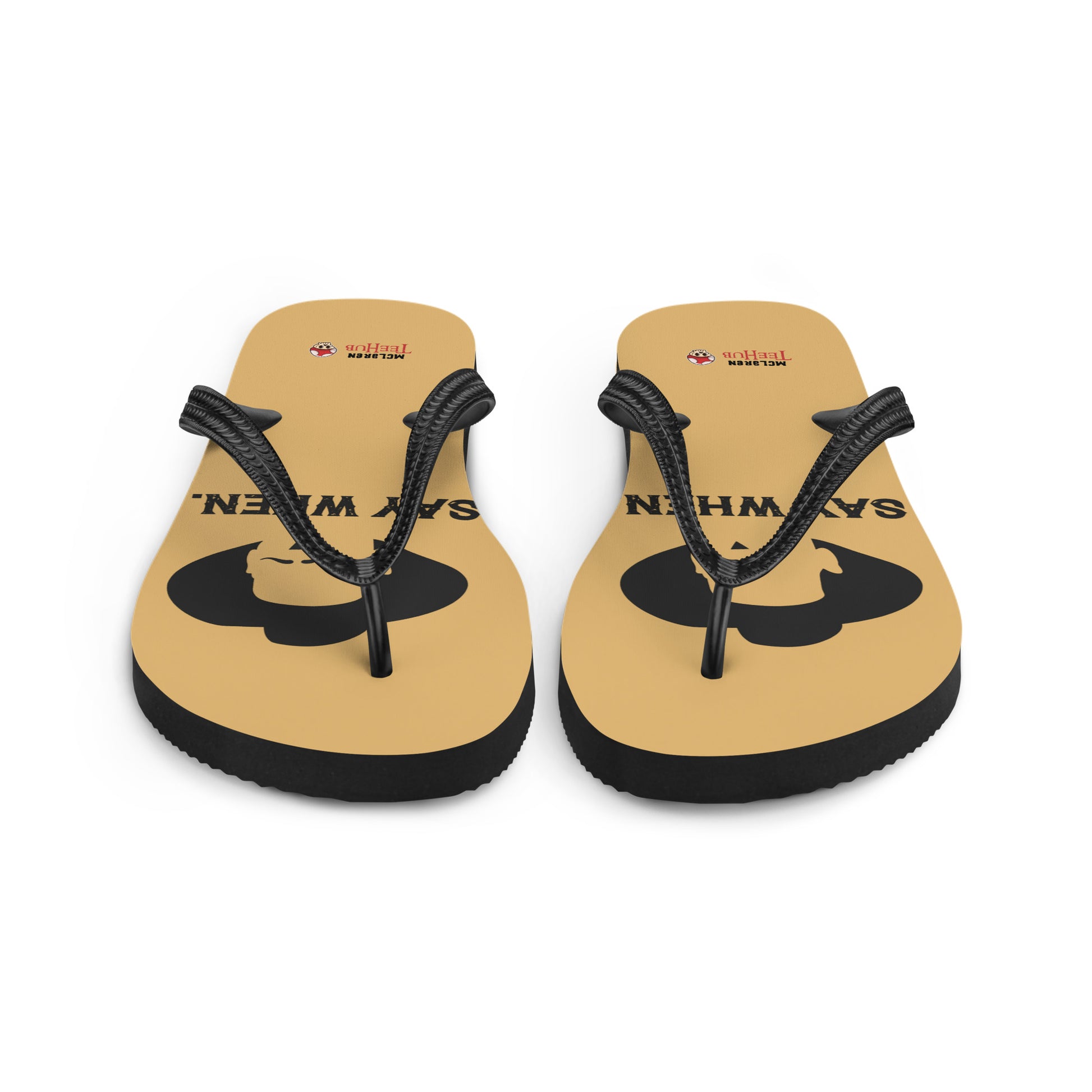 Doc Holliday Tombstone inspired flip flops with minimalist cowboy silhouette and “Say When” text design