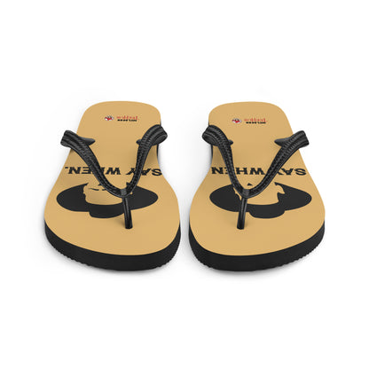 Doc Holliday Tombstone inspired flip flops with minimalist cowboy silhouette and “Say When” text design