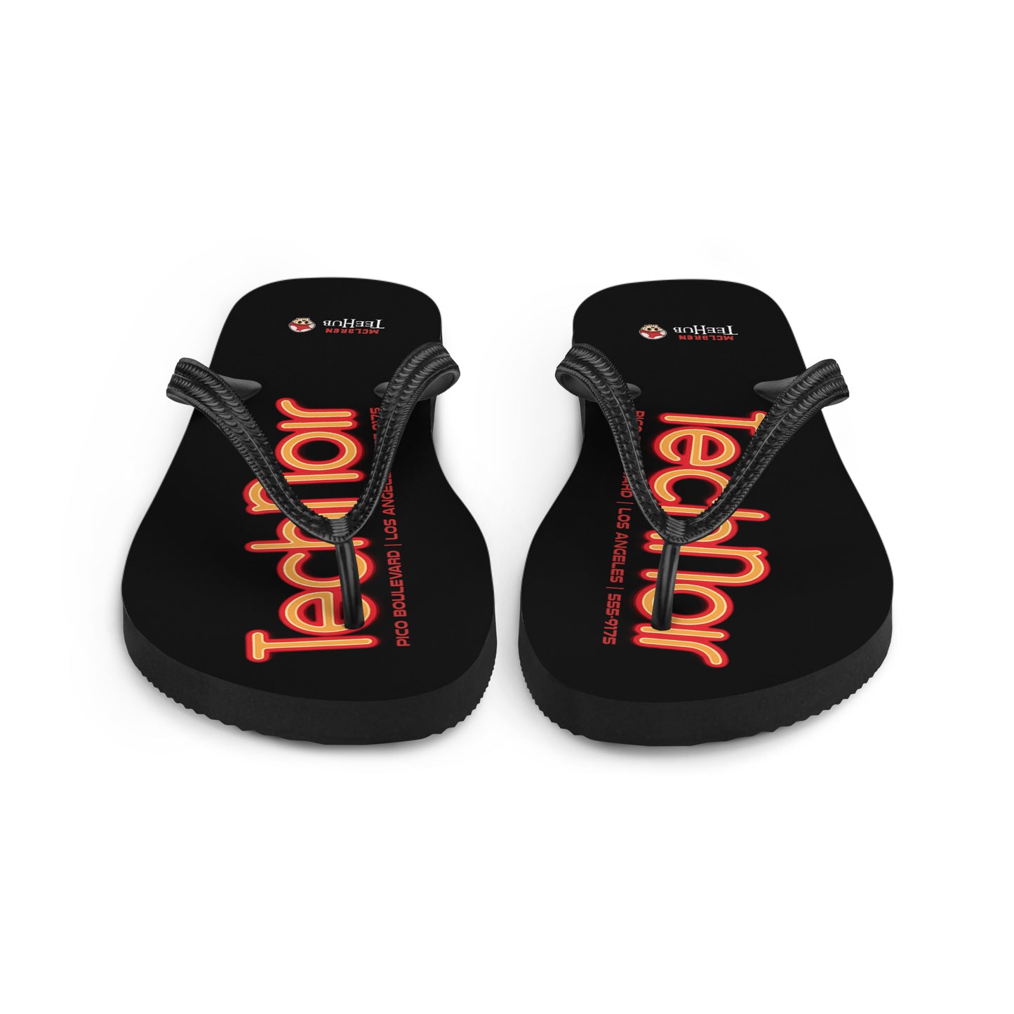 Tech Noir Terminator inspired flip flops with neon cyberpunk text design on black sole