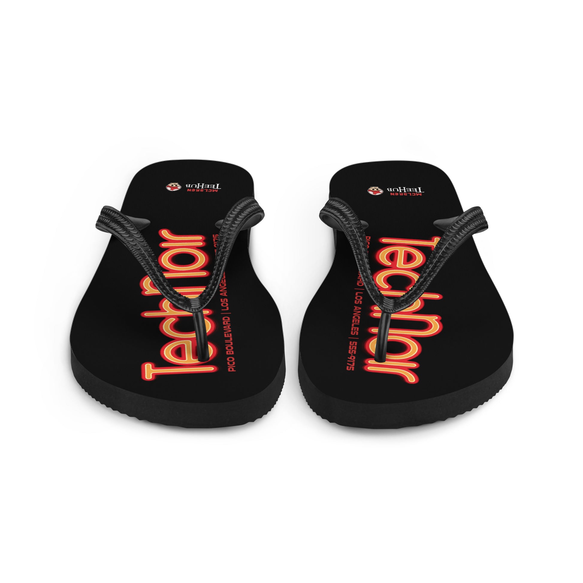 Tech Noir Terminator inspired flip flops with neon cyberpunk text design on black sole