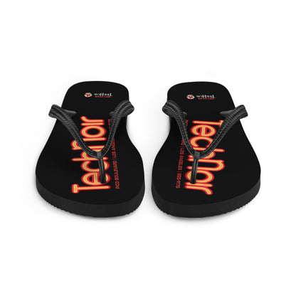 Tech Noir Terminator inspired flip flops with neon cyberpunk text design on black sole