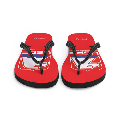 USPF Escape from New York inspired flip flops with bold red dystopian sci-fi logo design