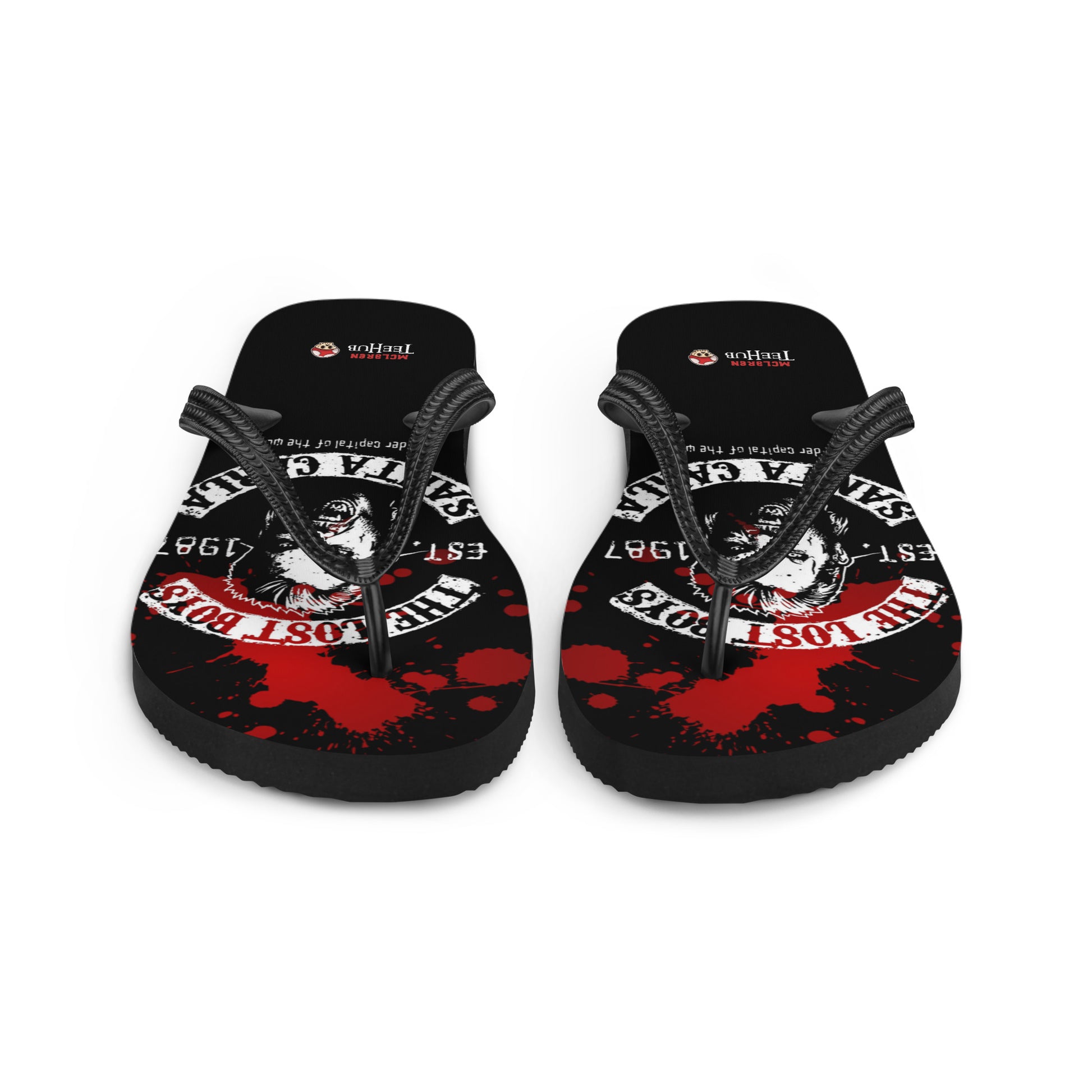 Lost Boys inspired flip flops with vampire graphic and blood splatter design in retro horror style