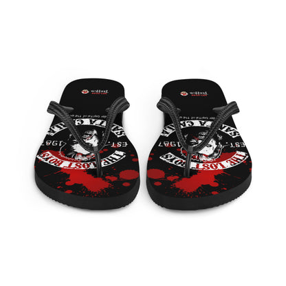 Lost Boys inspired flip flops with vampire graphic and blood splatter design in retro horror style