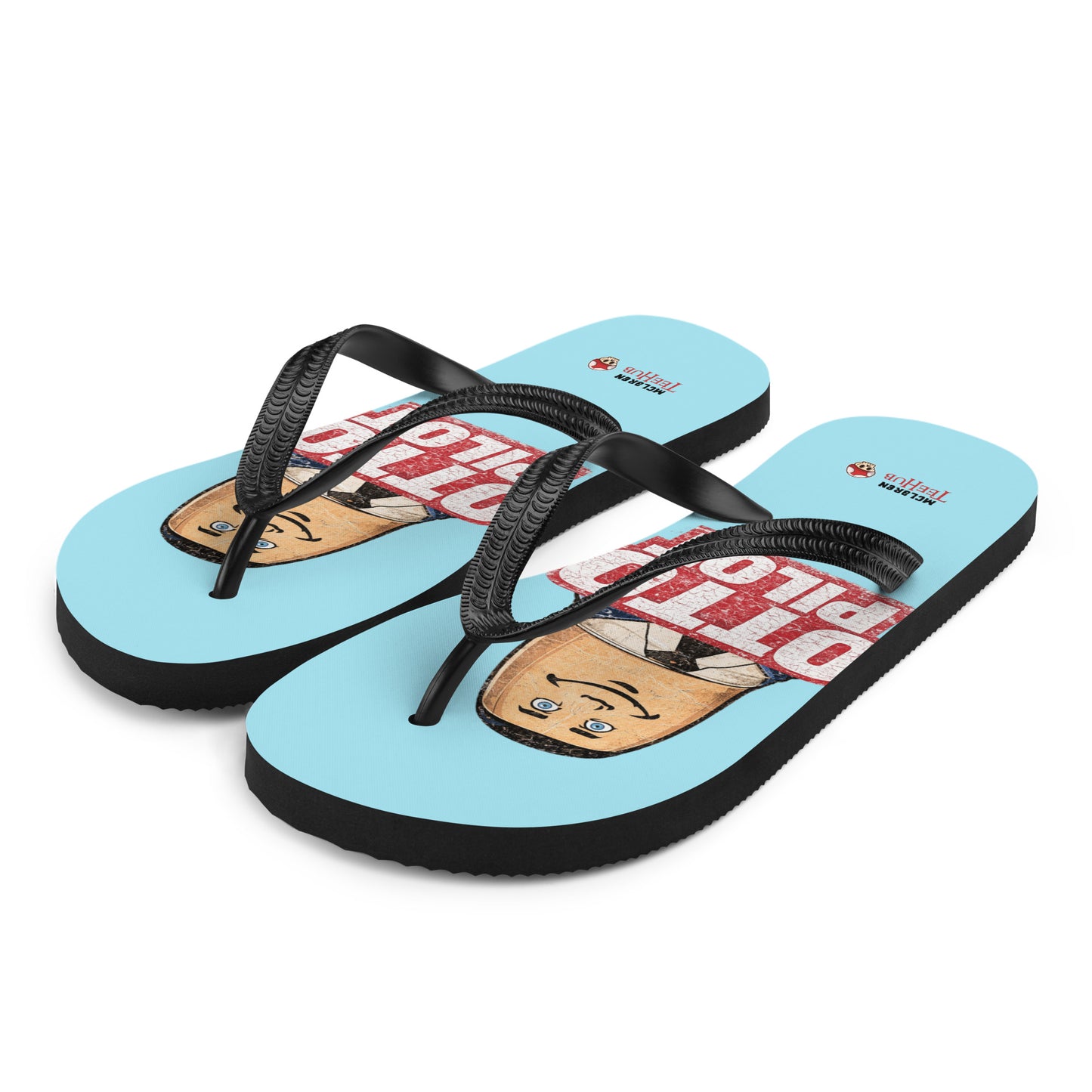 Otto Pilot flip flops with retro Airplane movie inspired graphic design on light blue sole