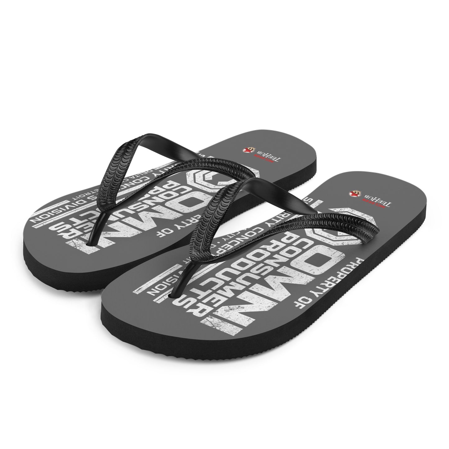 Omni Consumer Products RoboCop inspired flip flops with minimalist sci-fi OCP logo design on grey sole