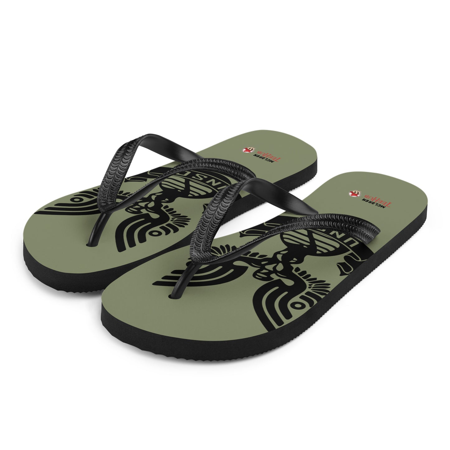 UNSC Halo inspired flip flops with military style emblem design on olive green sole