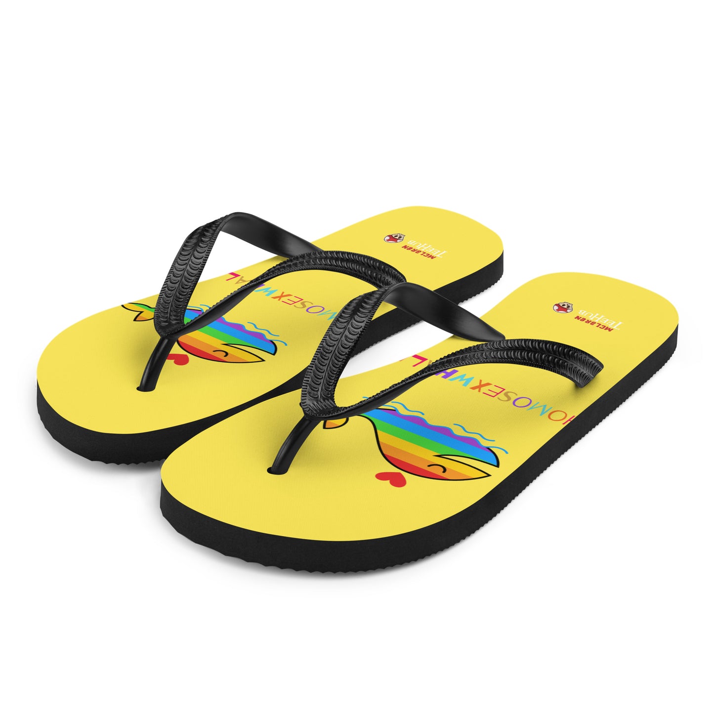 Funny rainbow whale flip flops with bright yellow base and colourful pride-inspired design