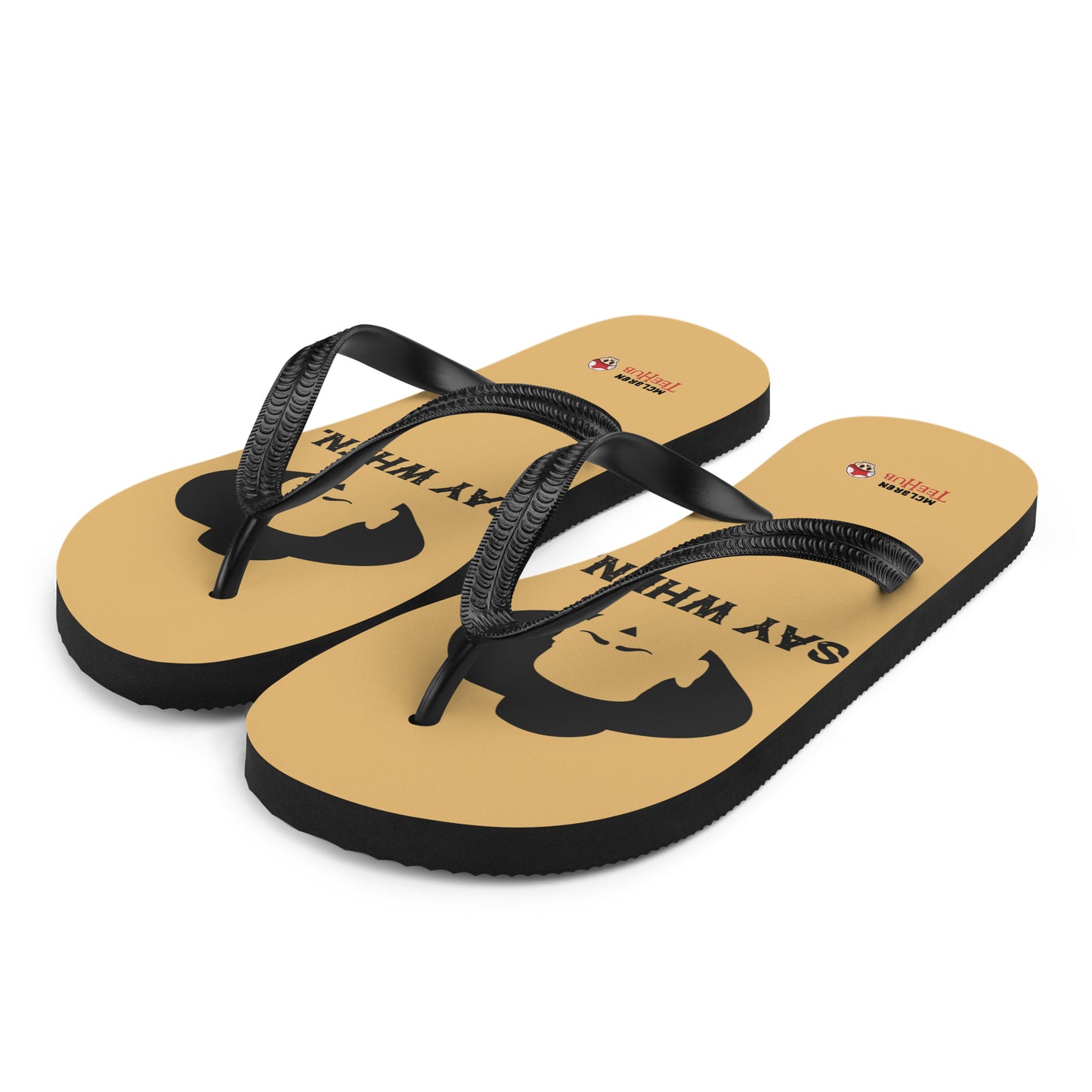 Doc Holliday Tombstone inspired flip flops with minimalist cowboy silhouette and “Say When” text design