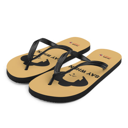 Doc Holliday Tombstone inspired flip flops with minimalist cowboy silhouette and “Say When” text design