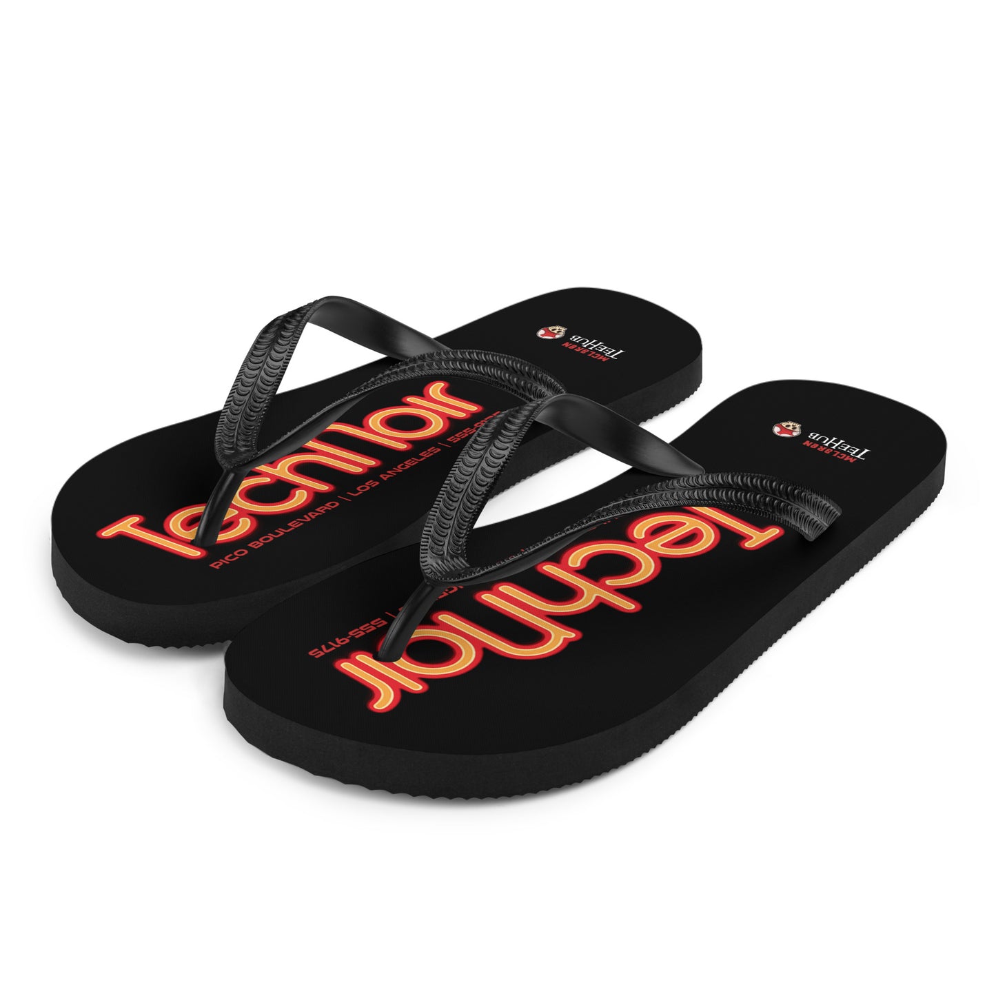 Tech Noir Terminator inspired flip flops with neon cyberpunk text design on black sole