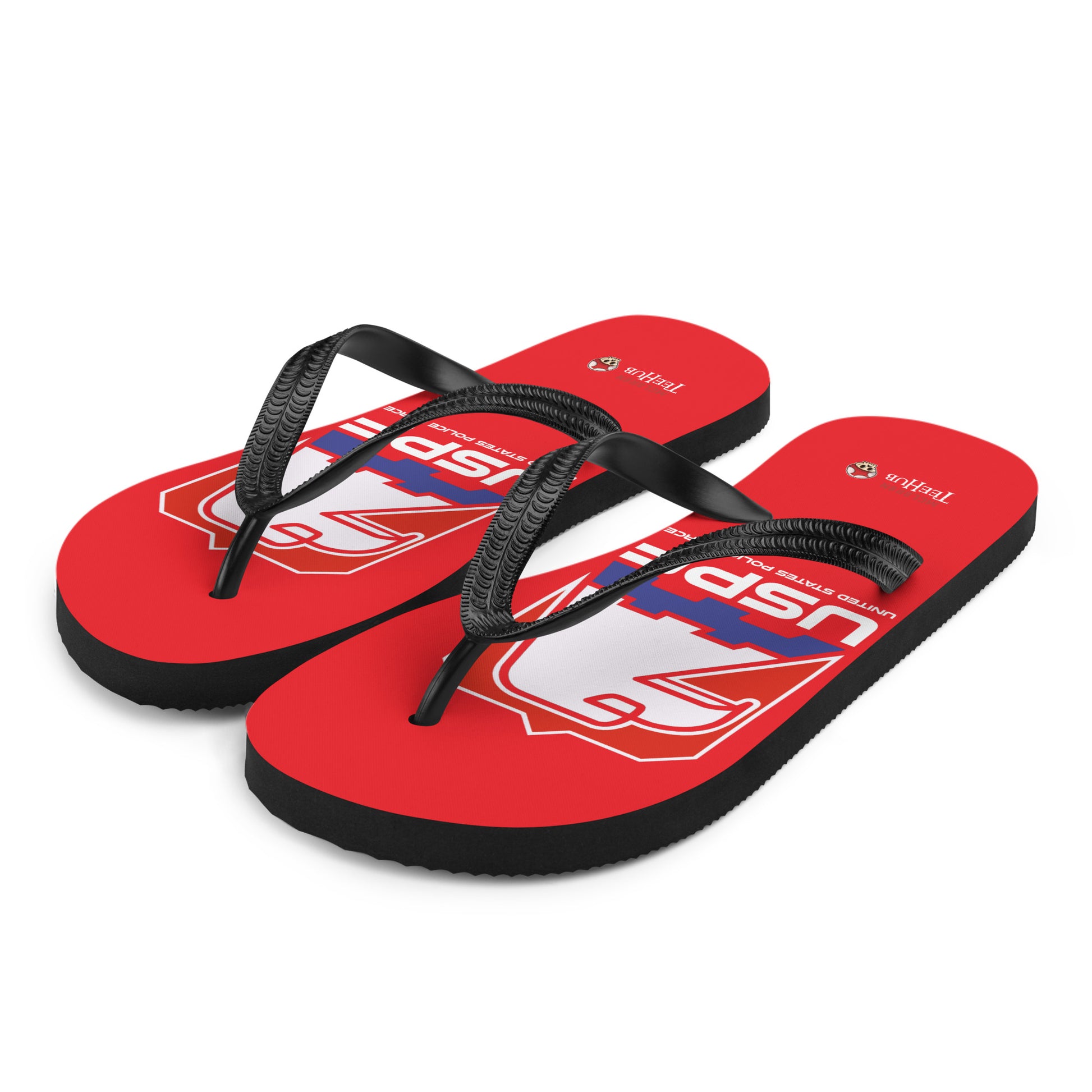 USPF Escape from New York inspired flip flops with bold red dystopian sci-fi logo design