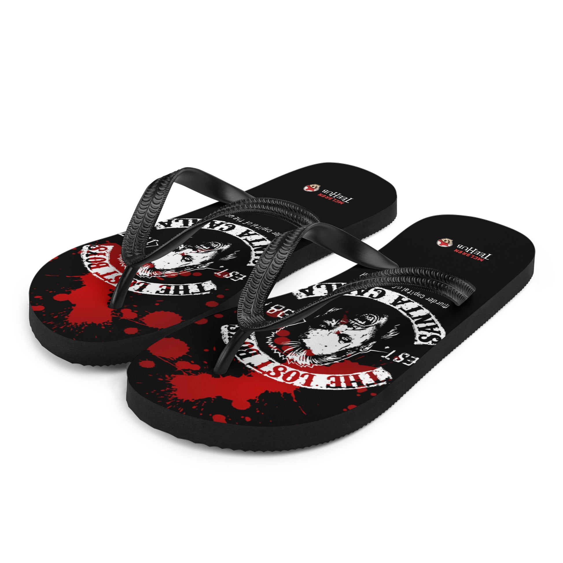 Lost Boys inspired flip flops with vampire graphic and blood splatter design in retro horror style