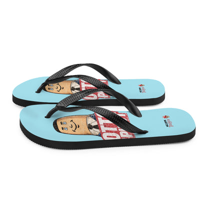 Otto Pilot flip flops with retro Airplane movie inspired graphic design on light blue sole