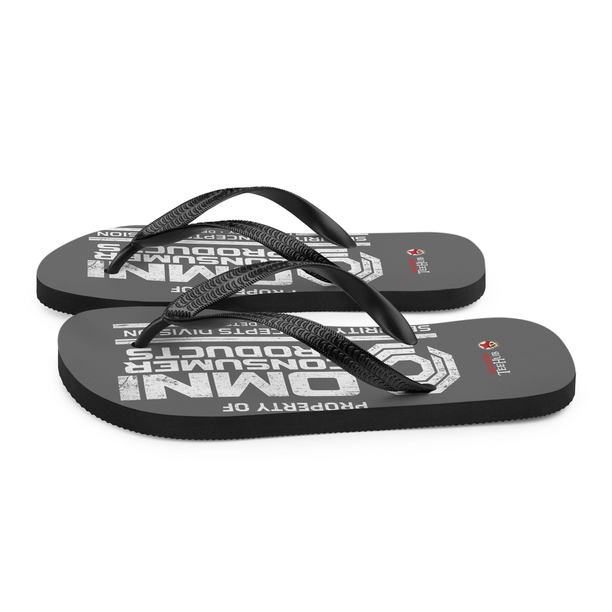 Omni Consumer Products RoboCop inspired flip flops with minimalist sci-fi OCP logo design on grey sole
