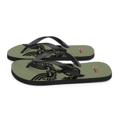 UNSC Halo inspired flip flops with military style emblem design on olive green sole