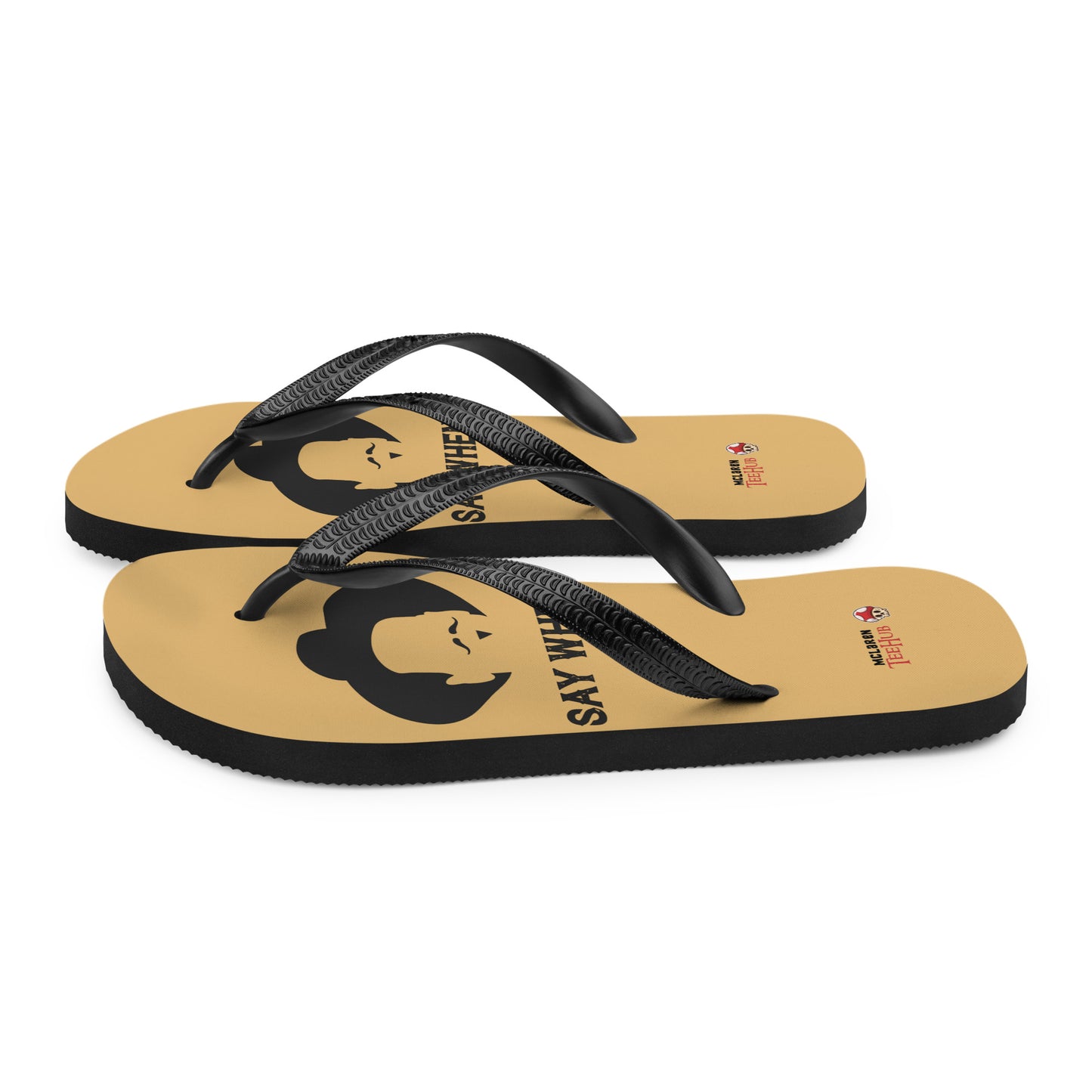 Doc Holliday Tombstone inspired flip flops with minimalist cowboy silhouette and “Say When” text design