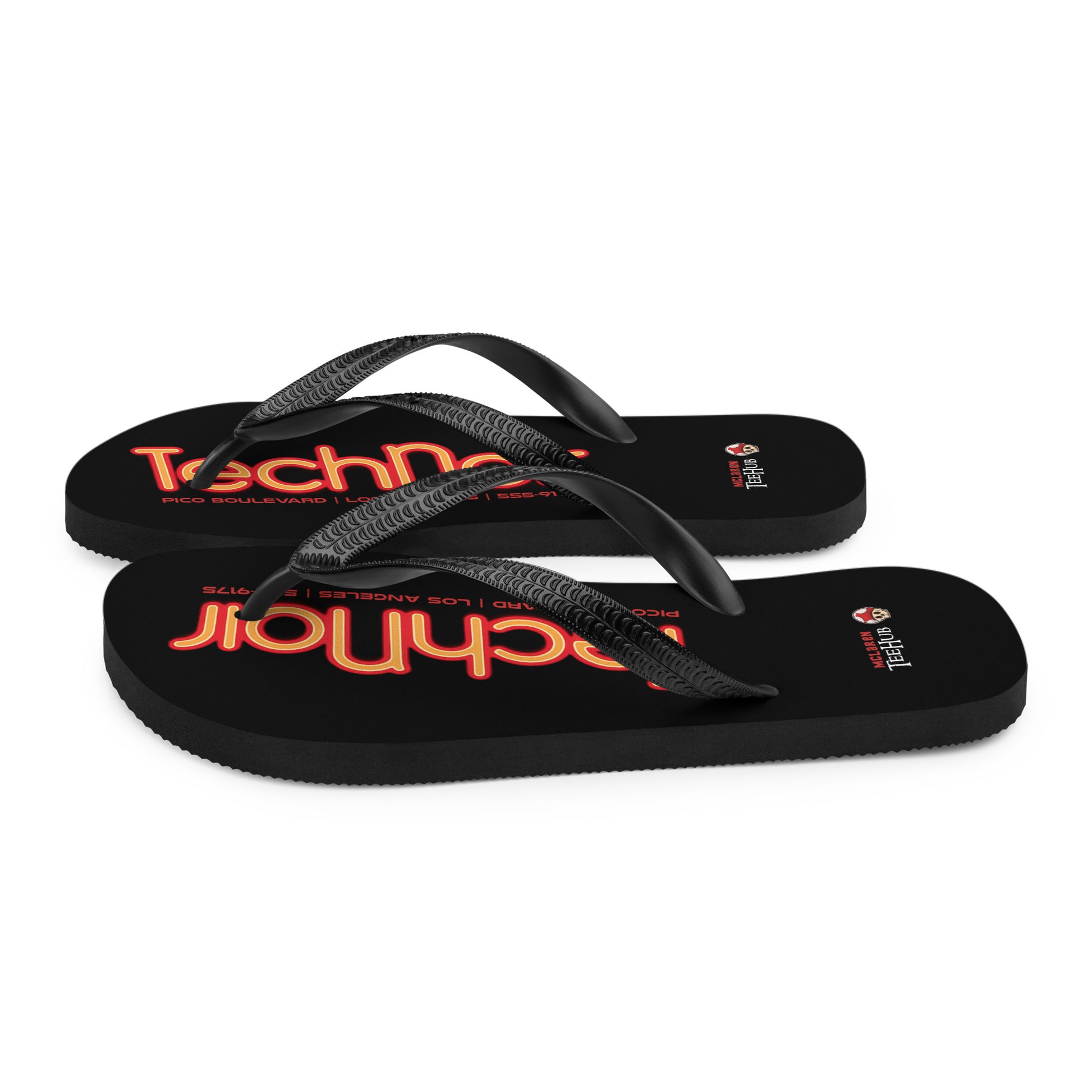Tech Noir Terminator inspired flip flops with neon cyberpunk text design on black sole