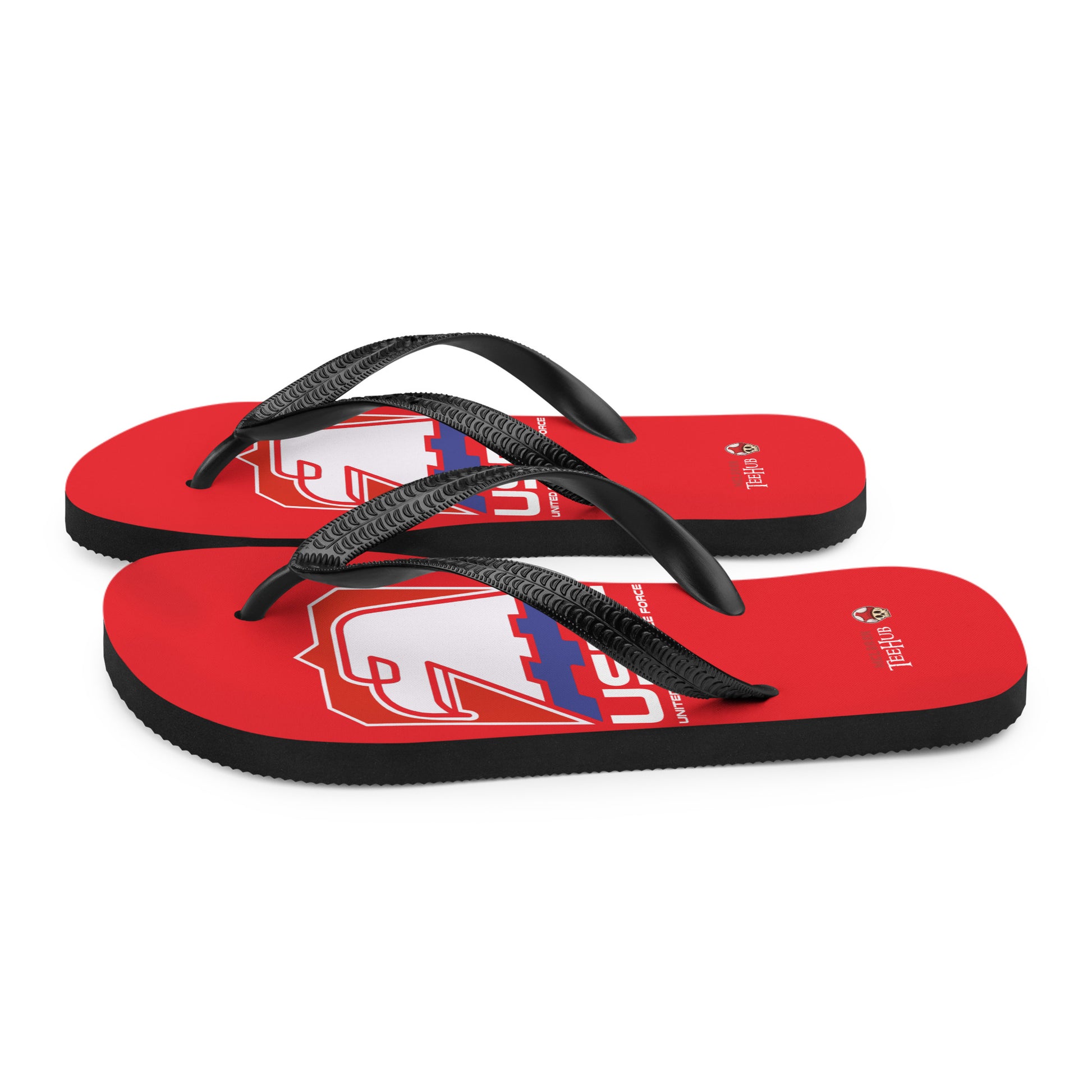 USPF Escape from New York inspired flip flops with bold red dystopian sci-fi logo design