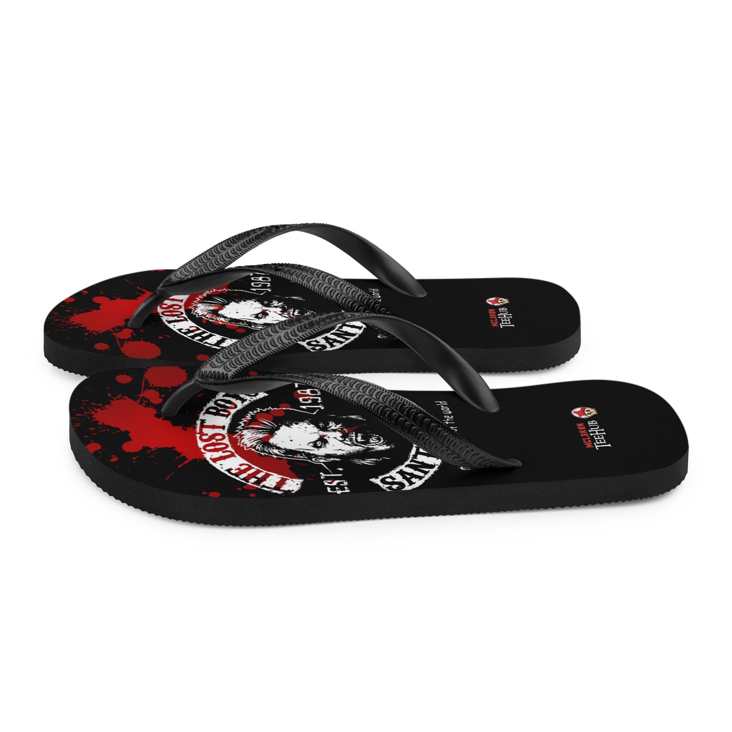 Lost Boys inspired flip flops with vampire graphic and blood splatter design in retro horror style