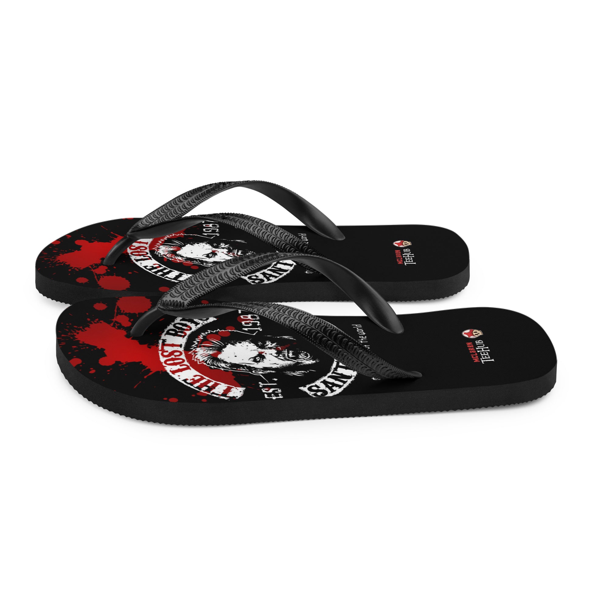 Lost Boys inspired flip flops with vampire graphic and blood splatter design in retro horror style
