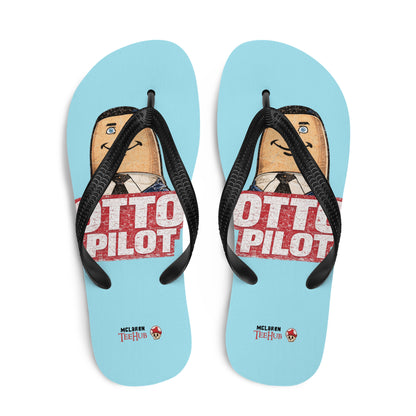 Otto Pilot flip flops with retro Airplane movie inspired graphic design on light blue sole