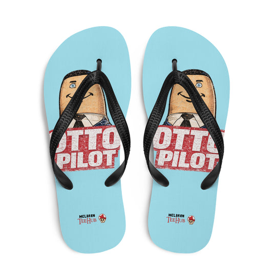 Otto Pilot flip flops with retro Airplane movie inspired graphic design on light blue sole