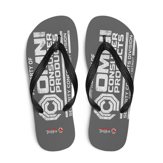 Omni Consumer Products RoboCop inspired flip flops with minimalist sci-fi OCP logo design on grey sole