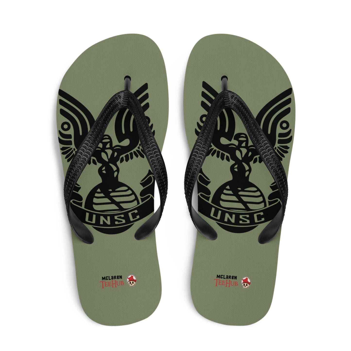 UNSC Halo inspired flip flops with military style emblem design on olive green sole