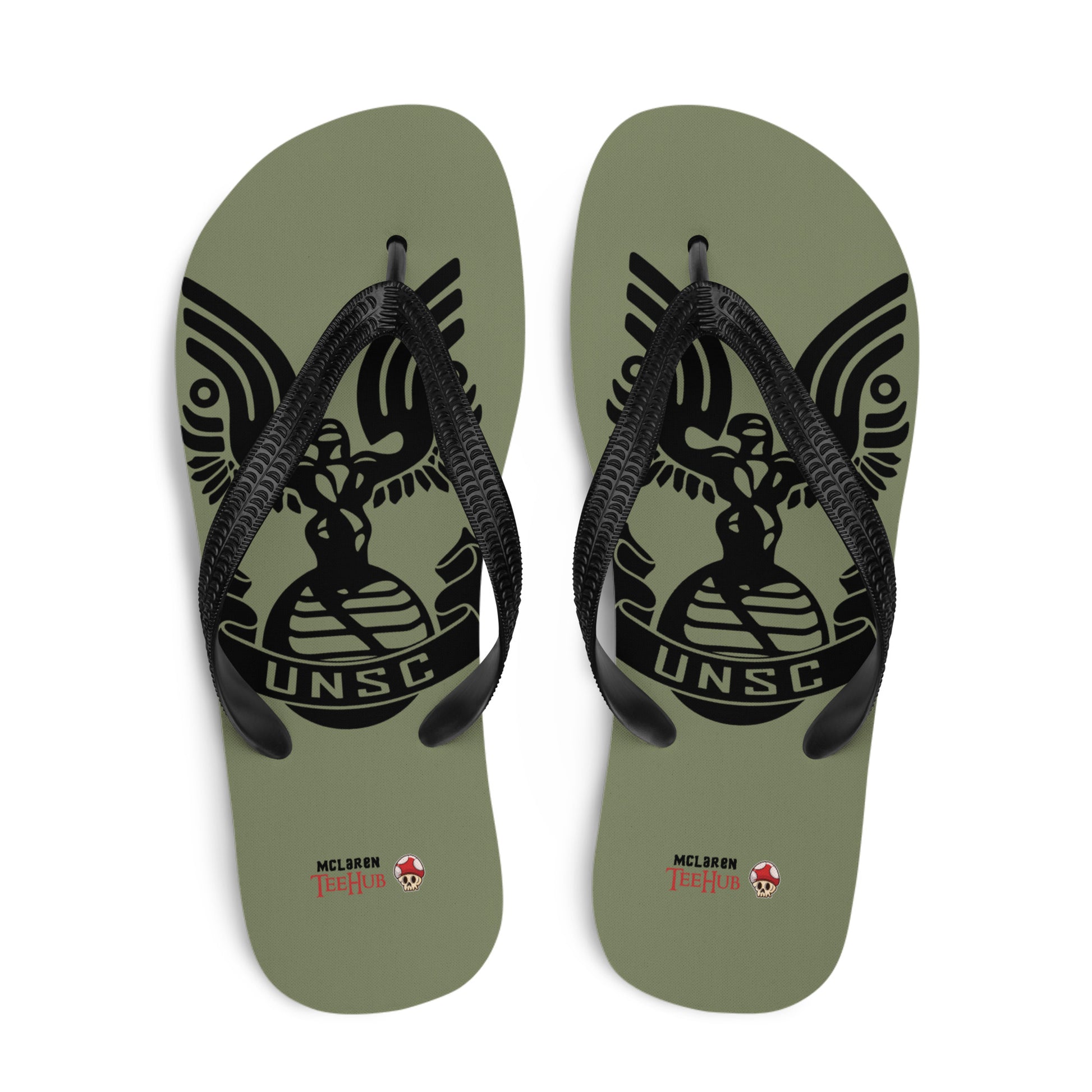 UNSC Halo inspired flip flops with military style emblem design on olive green sole