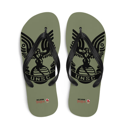 UNSC Halo inspired flip flops with military style emblem design on olive green sole