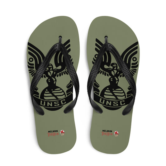UNSC Halo inspired flip flops with military style emblem design on olive green sole